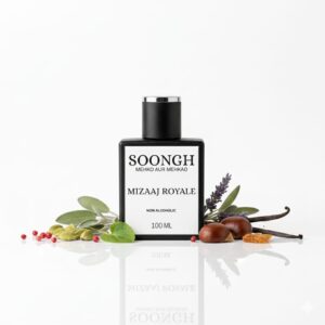 SOONGH Mizaaj Royale 100ml non-alcoholic perfumes in Pakistan with rich oriental notes of cinnamon, cardamom, vanilla, nutmeg, and lavender — mehko aur mehkao luxurious fragrance in an elegant amber bottle for a warm, spicy, and royal masculine scent