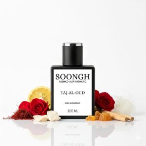 SOONGH Taj Al-Oud 100ml non-alcoholic oud perfumes in Pakistan with rich oriental notes of agarwood, amber, jasmine, and spice — luxury Arabian attar for men and women, part of the Mehko Aur Mehkao fragrance collection