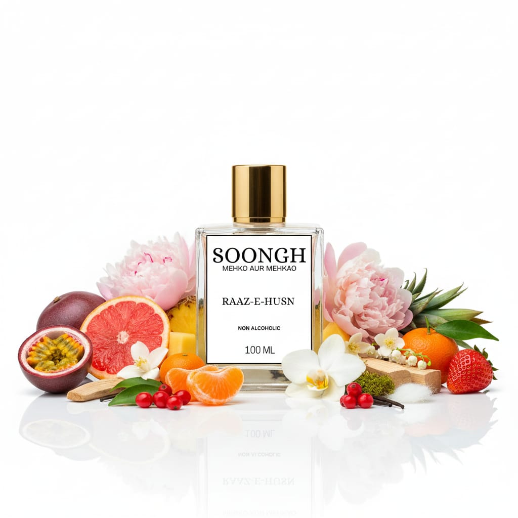 SOONGH Raaz-e-Husn 100ml non-alcoholic perfumes in Pakistan inspired by Bombshell — a vibrant and fruity women’s fragrance featuring notes of passionfruit, pineapple, strawberry, orchid, and peony, offering a halal, long-lasting, and bold scent for everyday glamour