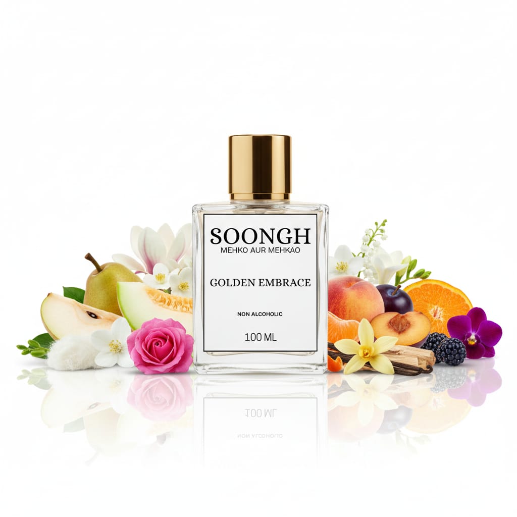 SOONGH Golden Embrace 100ml non-alcoholic perfumes in Pakistan inspired by J'adore Dior — a radiant, halal women’s fragrance blending jasmine, orange blossom, rose, and melon for a luxurious, floral, and long-lasting scent experience