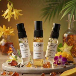 Three 5ml spray bottles of Soongh perfumes standing on a textured stone surface. The labels display the tagline "Mehko Aur Mehkao" and identify the scents as "Drakon," "Golden Embrace," and "Crownmist." The bottles are surrounded by amber resin pieces, black peppercorns, yellow tropical flowers, a purple orchid, and mango slices, creating a warm, aromatic setting that highlights their non-alcoholic formulation.